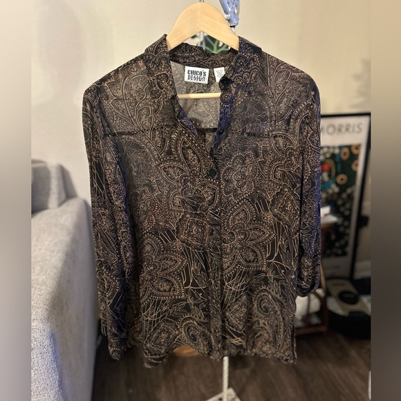Vintage Chico's Black and Brown Paisley Silk Blouse button up - Picture 1 of 4